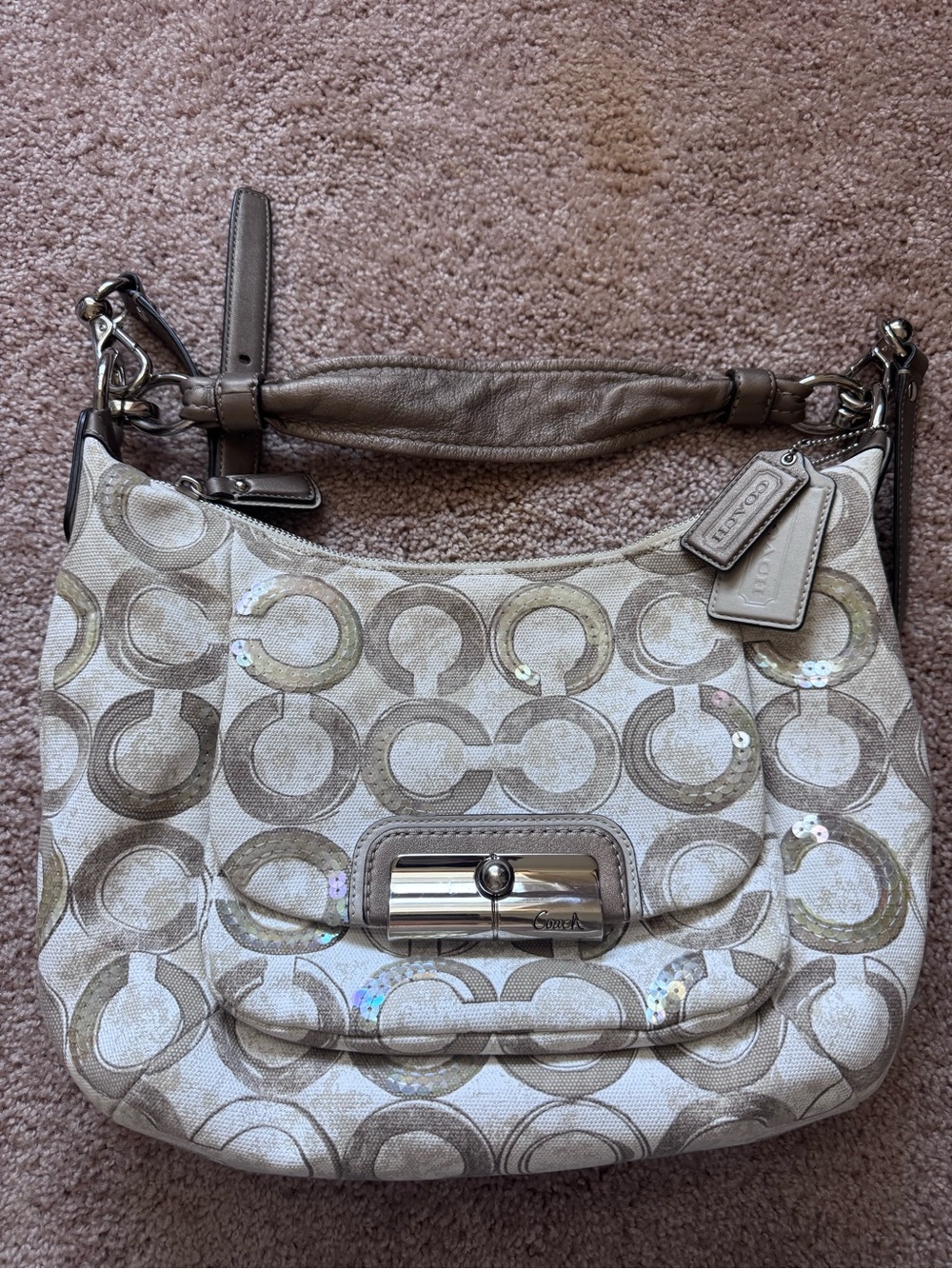 Coach Kristin Collection Beige Signature Sequin Shoulder Bag